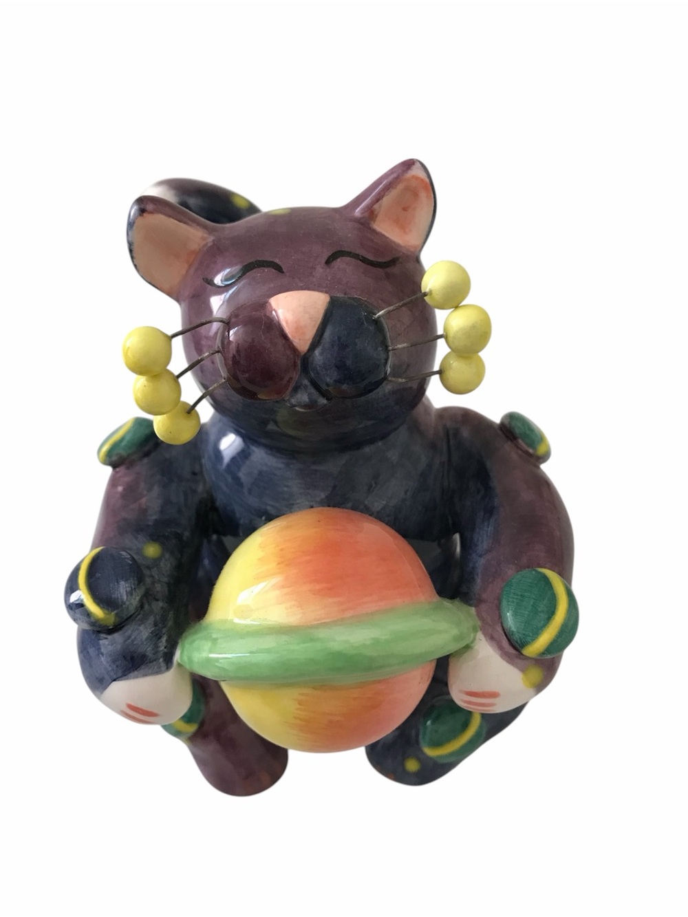 Hand-Painted Purple Cat Figurine with Orange Planet Accent. Amy Lacombe.